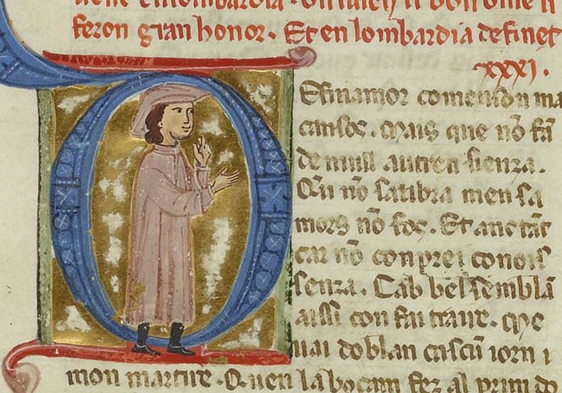 Aimeric de Pegulhan all'interno di un capolettera miniato. Ms. 854 fol. 50v, Bibliothèque nationale de France di Parigi, XIII sec.